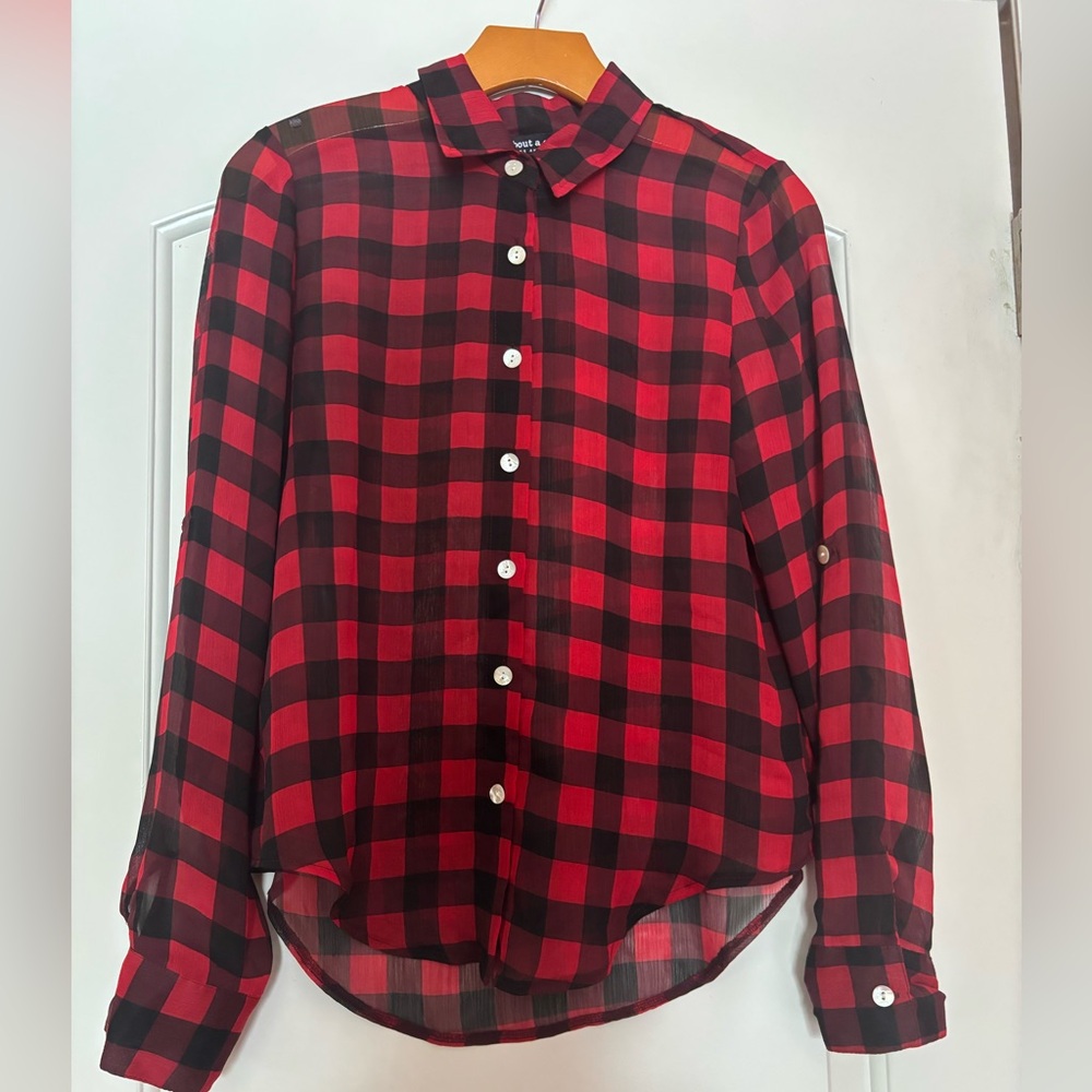 ABOUT A GIRL Small Red and Black Sheer Checkered Women’s Shirt